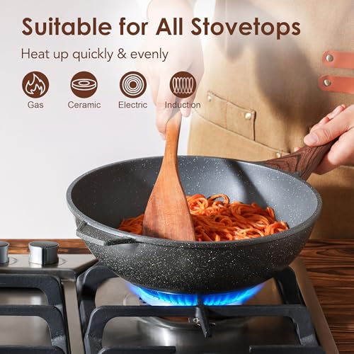 SENSARTE 11-Inch Nonstick Wok Pan with Lid - Gray, Healthy Stir-Fry Chef's Pan