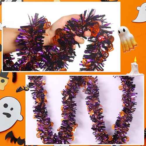 50 Feet Halloween Tinsel Garland Orange Purple Black Pumpkin Holiday Metallic Tinsel Twist Hanging Decorations for Birthday Halloween Party Supplies Indoor Outdoor Decoration (Pumpkin)