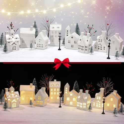 Tioncy 26-Piece Ceramic Christmas Village Set with Trees, Lights & Decor