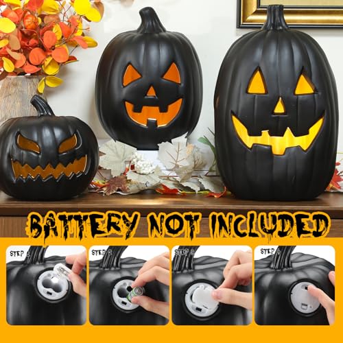 Black Halloween Jack O Lantern Decoration Set with LED Lights - 3 Pieces