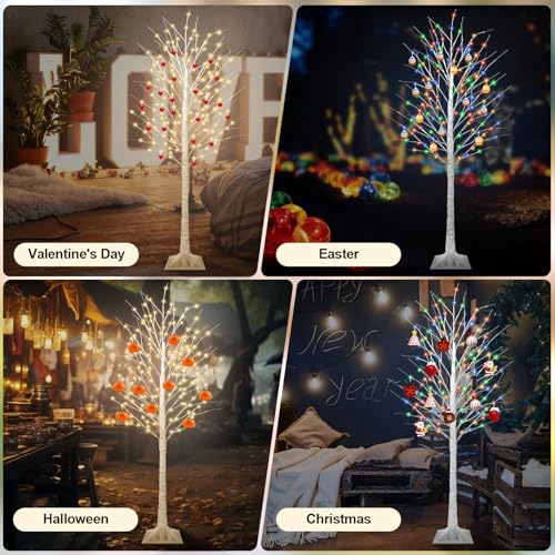 7FT Lighted Birch Tree with 170 LED Warm White and Multicolor Lights,
