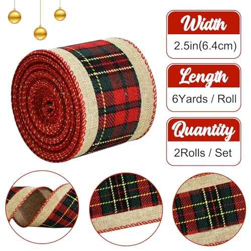 TONIFUL 2 Rolls-2.5 Inch Green and Red Plaid Check Burlap Ribbon, Burlap Wired Ribbon for Crafts Ornament Wrapping, Bows Making, Room and Party Decoration (6yds/roll)