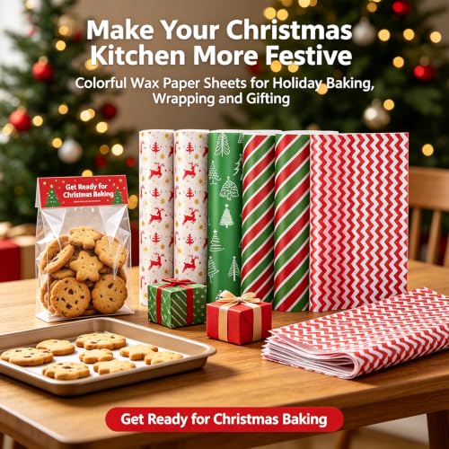 Christmas Wax Paper Sheets 100 Pack, Greaseproof Food Wraps for Baking & Cooking