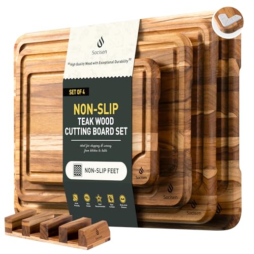 Multi-Size Teak Cutting Board Set - 4-Pack with Holder, Non-Slip Base