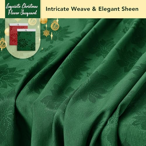 Hunter Green Poinsettia 60x144 Inch Christmas Tablecloth - Elegant Jacquard Holiday Decor