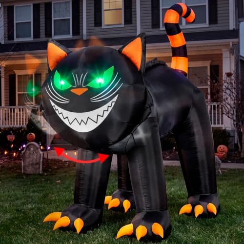 7 Ft Halloween Inflatable Black Cat with Moving Head & LED Green Eyes Outdoor Yard Decoration