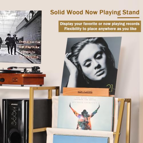 Gold and White Vinyl Record Storage Stand with Turntable Shelf and Now Playing Holder