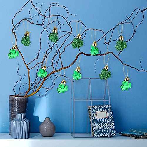Leinuosen 24 Pieces St Patrick's Day Shamrocks Ornament for Tree Mini Clover Decorations Lucky Irish Green Trefoil Hanging Bauble for Christmas St Patricks Day Table Shelf Decoration(glossy & Glitter)