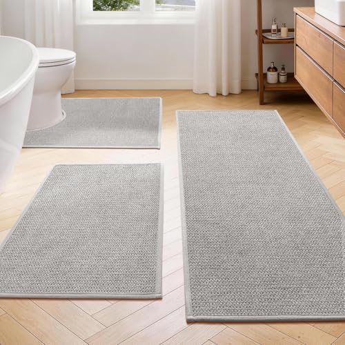 Gray Bathroom Rugs Set - 3-Piece Non-Slip Quick-Dry Bath Mat with Toilet Rug & Runner - 17x24/17x47/17.5x24 U