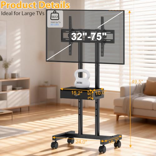 Rolling TV Stand with Drawer for 32-75 Inch TVs, Adjustable Shelf & Mobility