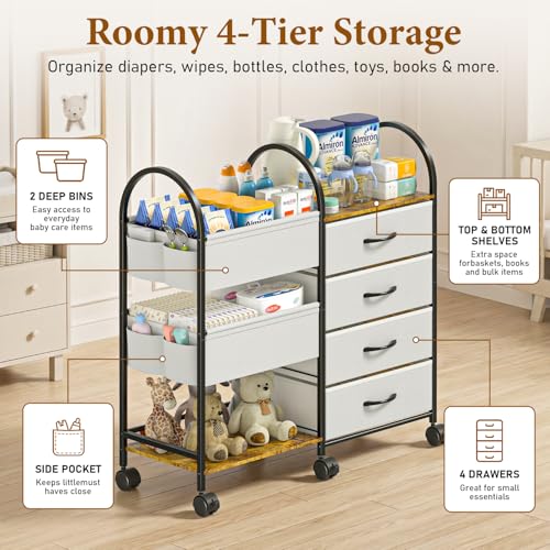 Nylaira Grey Baby Diaper Caddy Organizer Cart with Wheels - 4-Tier Nursery Storage