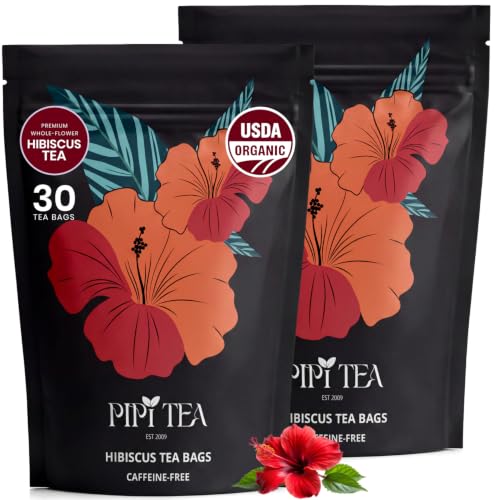 PiPi Tea Organic Hibiscus Tea Bags 30 Count Pack, Caffeine-Free Herbal Tea for Heart & Wellness