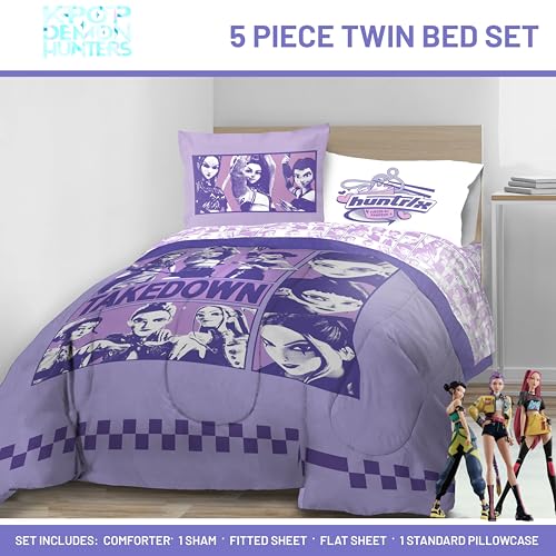 KPOP Demon Hunters Twin Comforter Set 5 Piece Kids Bedding Purple - Officially Licensed
