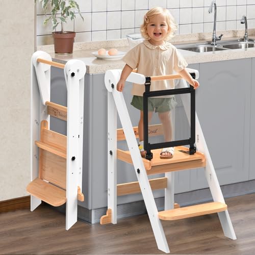 Doerpuz White Foldable Toddler Kitchen Tower with 3 Adjustable Heights