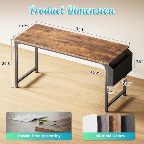 PRAISUN Rustic Brown 55-Inch Computer Desk with Fabric Storage Bag