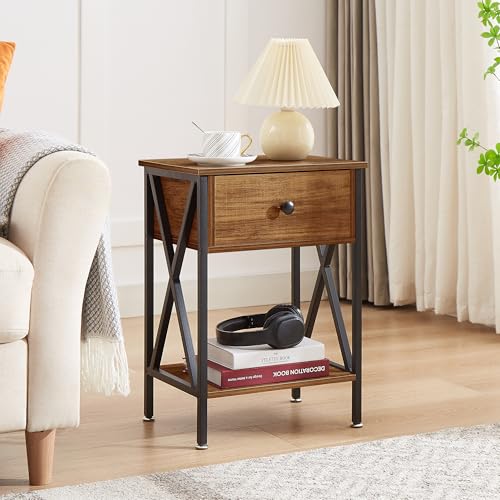 VECELO Vintage Brown Set of 2 Nightstands with Drawer & Storage Shelf - Industrial Bedside End Tables for Bedroom & Living Room