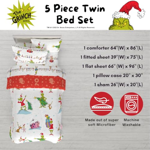 Franco Grinch Holiday Twin Bedding Set with Reversible Comforter, Sheets & Shams - White & Red