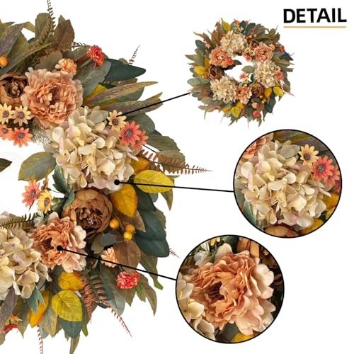 HipTree 24-Inch Fall Hydrangea and Peony Wreath - Creamy Variation 09