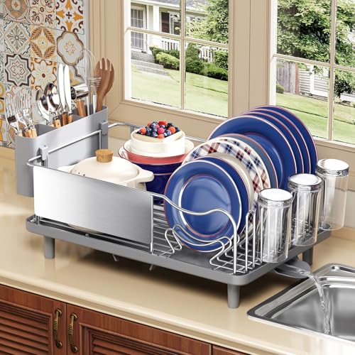 KINGRACK Grey Stainless Steel Dish Drying Rack with Cup Holder & Auto-Drain