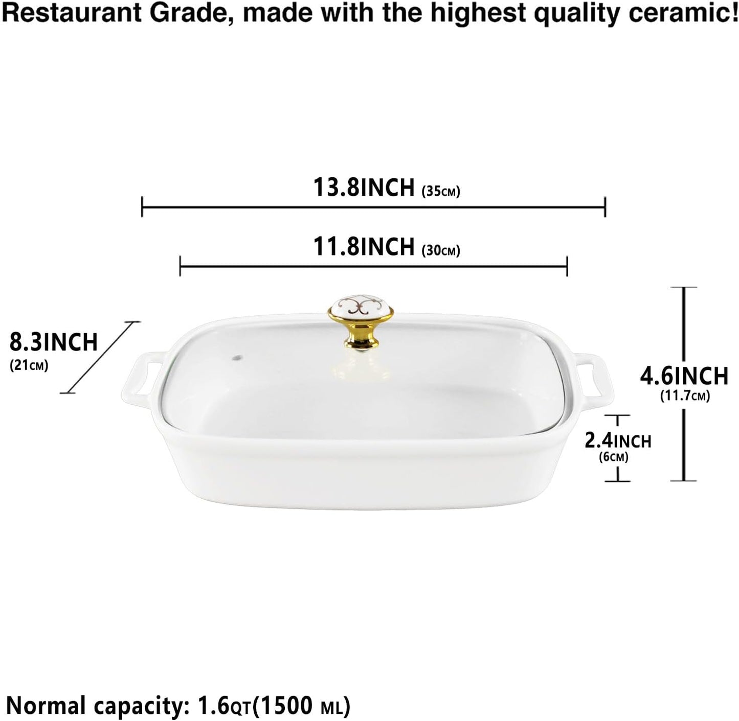 Regine Switzerland Ceramic Casserole Dish - 11" x 8" White Serving Tureen with Glass Lid | 1.6 Quart Capacity for Buffets & Catering