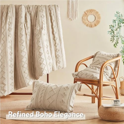 Queen Comforter Set 7 Pieces - Beige Boho Tufted Bedding with Microfiber