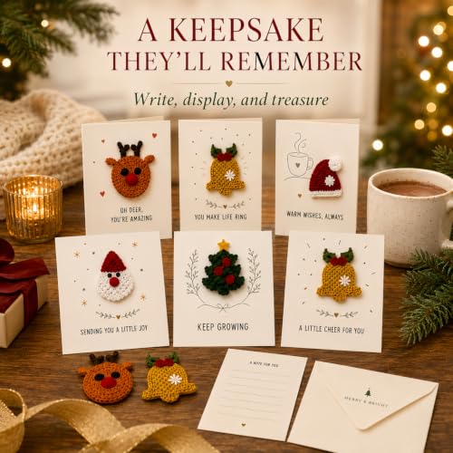 6 Pcs Christmas Greeting Cards with Removable Crochet Appliques - Holiday Seasonal Notes