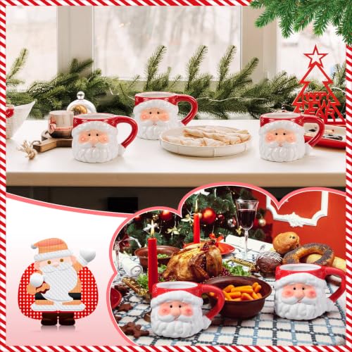 Sliner 6 Pack Red 14oz Santa Coffee Mugs - Christmas Ceramic Cup Set