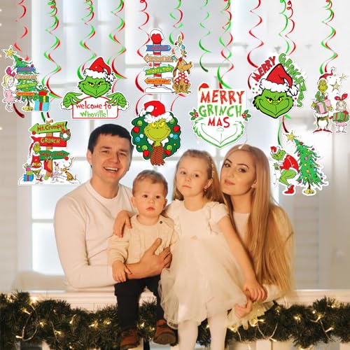 36pcs Marry Grinchmas Hanging Green Monster Streamers Decorations,Hanging Swirls Party Decorations Christmas Ceiling Decorations Christmas Birthday Party Decorations Outdoor Decor