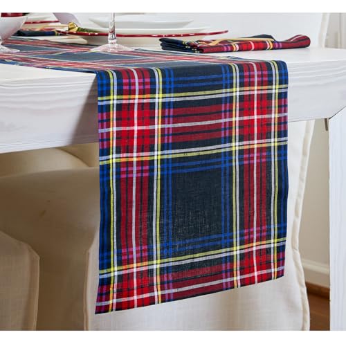 Solino Home 100% Linen Christmas Table Runner 14 x 120 Inches Black Stewart Plaid