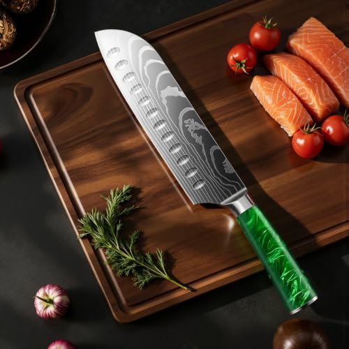NOVKSO 7-Inch Green Santoku Knife with High-Carbon Steel & Resin Handle