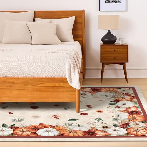 Artoid Mode Fall Area Rug 5x7 Feet with Pumpkins and Floral Design - Beige, Non-Slip Home Decor