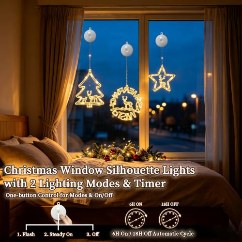 Gooyule Warm White 3-Pack Window Silhouette Lights with 6/18h Timer (Battery Operated) Indoor Xmas