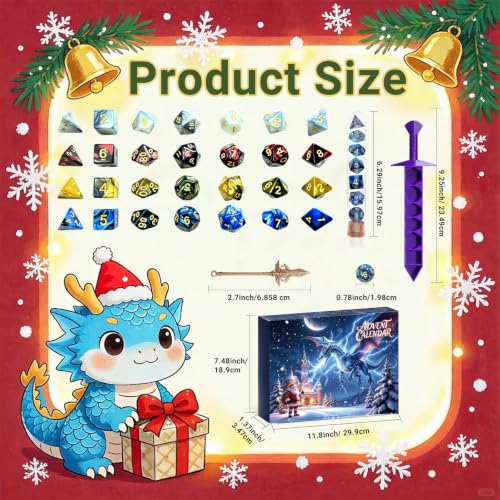 Axxdewow D&D Dice Advent Calendar 2026 with 28 Polyhedral Dice & Sword Storage Cases