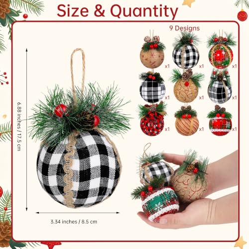 Elcoho 9 Pcs Red & Black Christmas Ball Ornaments with Plaid Designs, Jute Rope Hangers
