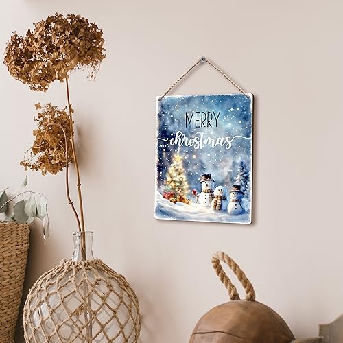 FUGWN Merry Christmas Blue Winter Snowman Xmas Hanging Wooden Signs 8x10, Merry Christmas Sign, Christmas Wall Decor, Christmas Hanging Sign, Wood Christmas Sign, Blue Christmas Decor