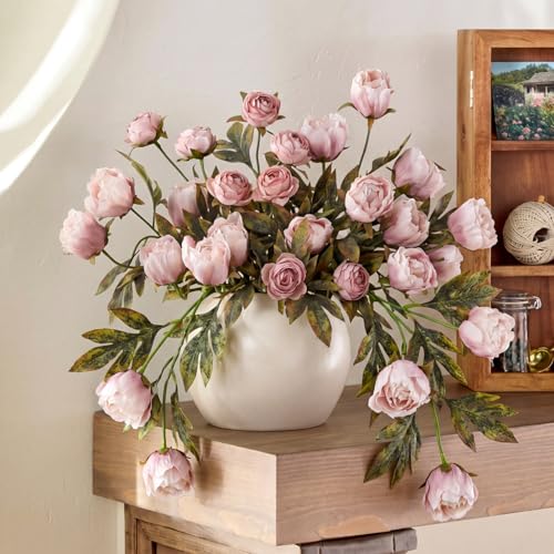 Artificial Peony Flower Stems - Vintage Silk Faux Flowers for Vase Arrangement, 8 Pack - Brownish Variation