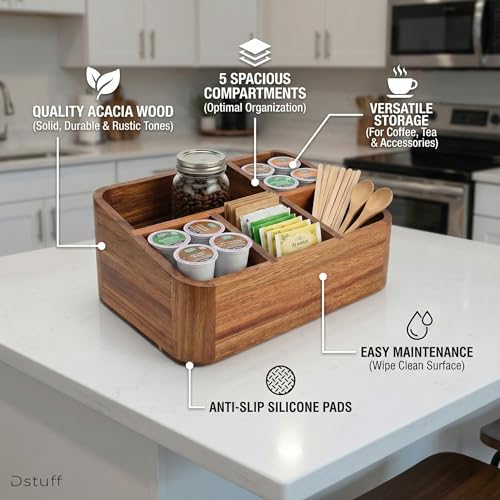 Acacia Wood Coffee Station Organizer with 5 Compartments for Kitchen Countertop and Office