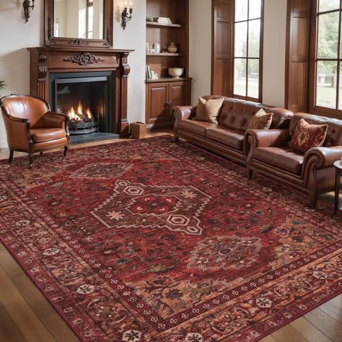 Dark Red 5' x 7' Washable Area Rug for Living Room - Non Slip Vintage Oriental