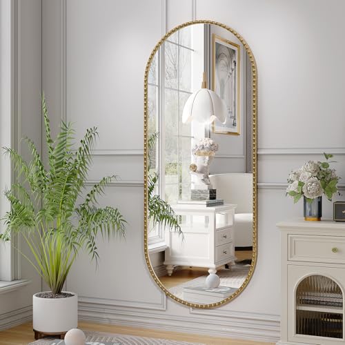Beaded Oval Mirror 20x48 Inch Gold Bathroom Wall Mirror with Floral Frame