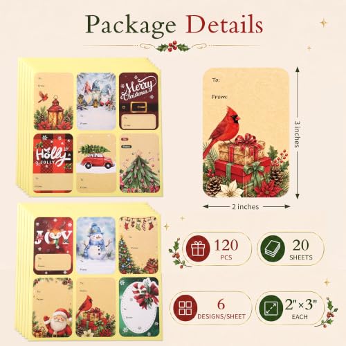 DreamBuilt 120 PCS Christmas Gift Tag Stickers with 12 Festive Designs - Holiday Labels for Wrapping & Crafts