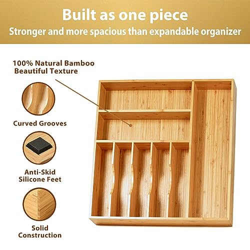 Umilife Large 19x19 Inch Bamboo Kitchen Drawer Organizer - 8 Slots, Sturdy Flatware Tray with Thick Frames