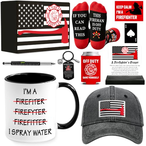 Firefighter Gifts Set with Mug, Hat, Socks, Plaque & Keychain for Men Women