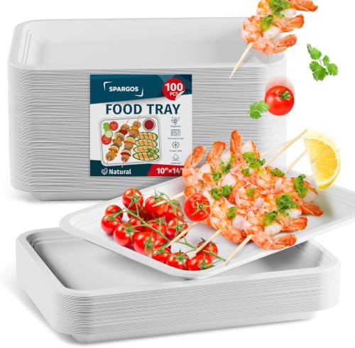 White 14-Inch Heavy Duty Disposable Food Trays - 100 Pack, Compostable Large Plates