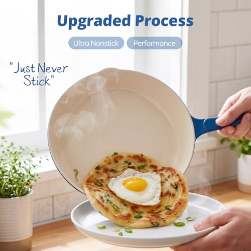 Enamel Cast Iron Skillet Set 3 Pieces Nonstick Heavy-Duty Frying Pans - Blue