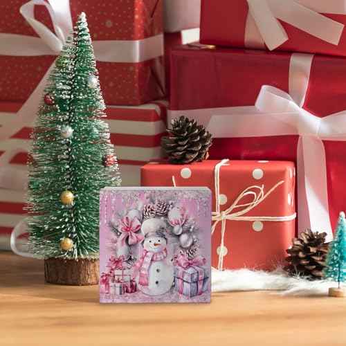 Pink Christmas Wooden Sign - Coquette Christmas Snowman Wooden Box Sign,Preppy Snowman Wooden Box Sign Christmas Desk Decor For Bedroom Living Room House Decorations,5x5 Inch