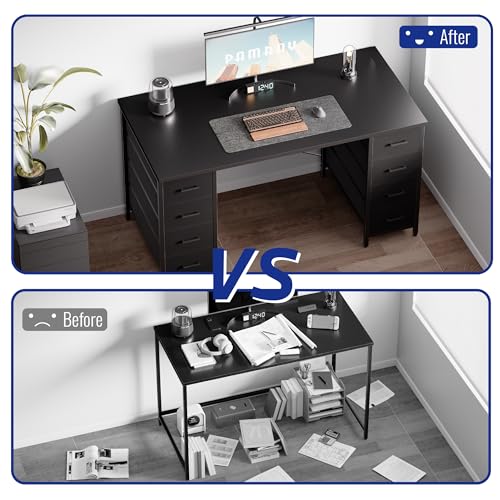 Pamray 47 Inch Computer Desk with 8 Fabric Drawers - Matte Black Home Office Workstation