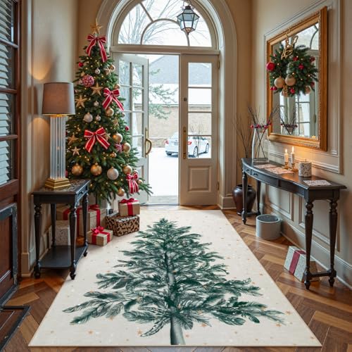 Lahome Beige Christmas Rug 5x7, Tree and Snowflake Print