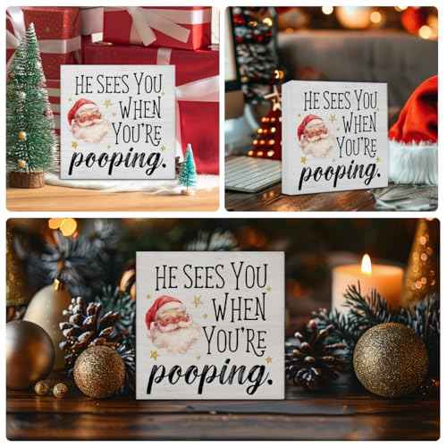 Funny Christmas Decorations, Christmas Bathroom Decor Sign, He Sees You When You're Pooping Wood Sign Rustic Home Bathroom Table Desk Decor (5 x 5 Inches)