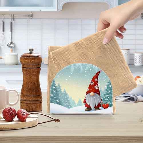 Caikeny Napkin Holder for Tables Christmas Gnome Acrylic Napkins Holder Winter Snow Tree Freestanding Tissue Dispenser Box for Kitchen Dining Table Coffee Desk Decor