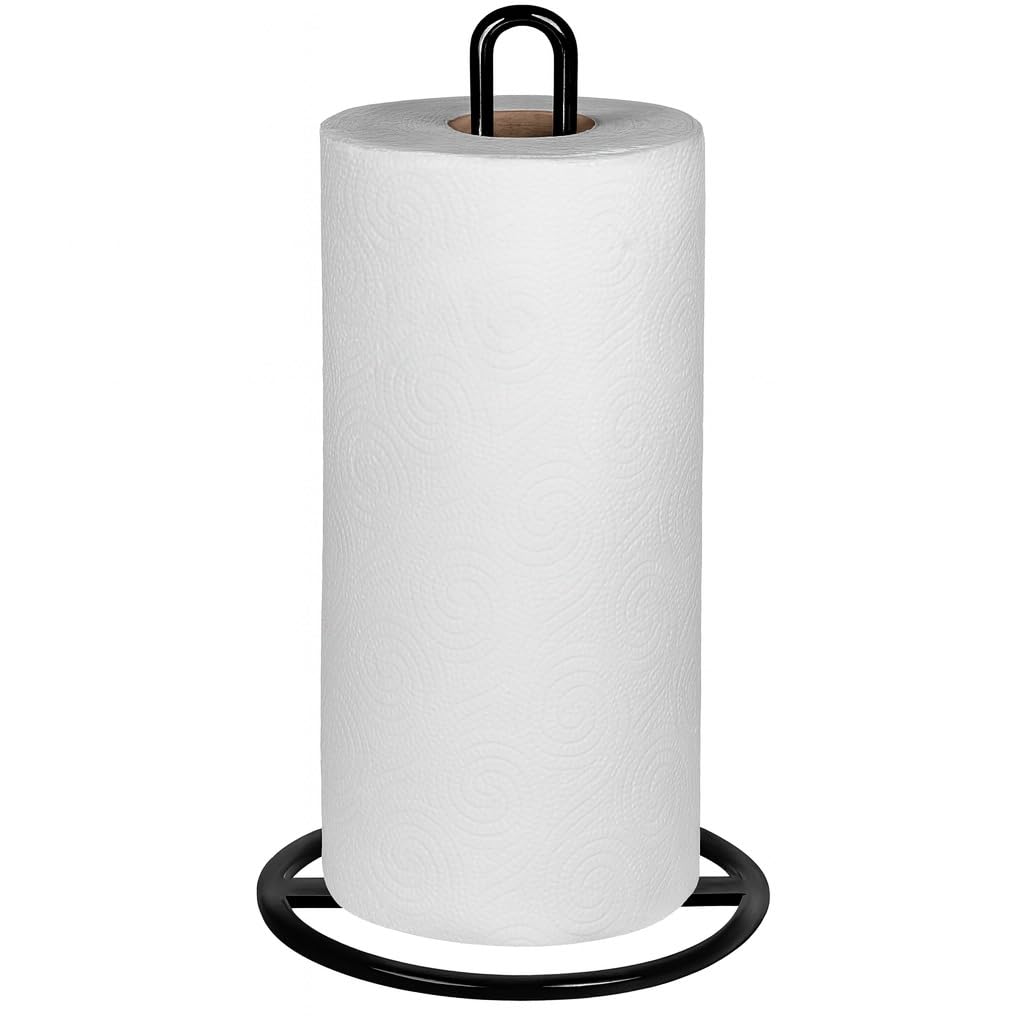 Divine Glance Premium Paper Towel Holder, Modern Heavy Duty Freestanding Standing Kitchen Roll Dispenser with Anti Slip Weighted Base Countertop Paper Roll Organizer - Black (Open Cut Design)